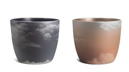 Illustration of two brown and grey flower pots with clouds in the skyの素材