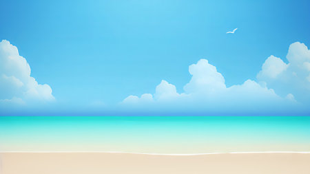 Illustration of a beach with blue sky and seagullsの素材