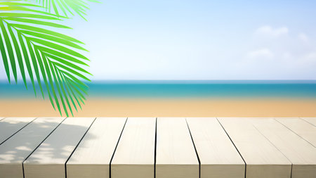 Wood table top on blur beach background - can be used for display or montage your productsの素材