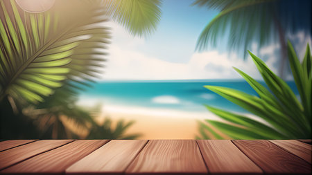 Wooden table against seascape with palm trees and blue skyの素材