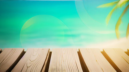 Wooden deck with sea and sky background. Summer vacation concept.の素材