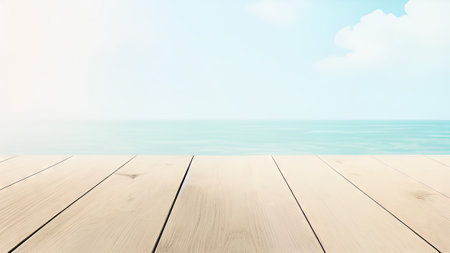 Wooden deck table top on blur sea and sky background - can be used for display or montage your productsの素材