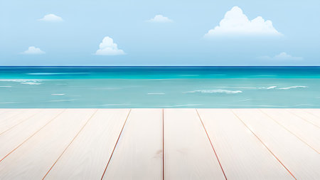 Wood table top on tropical beach background. Summer vacation and travel conceptの素材