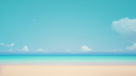 Tropical beach with blue sky and seagulls.の素材