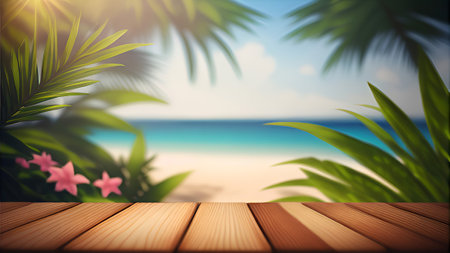 Wooden table over blurred tropical beach background. Summer vacation and travel conceptの素材