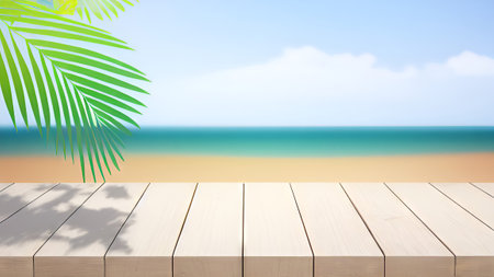 Wood table top on blur beach background - can be used for display or montage your productsの素材