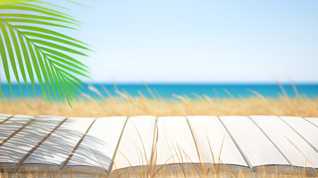 Wooden table with summer beach background. 3D Rendering.の素材