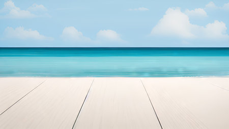 Wooden floor on the beach with blue sea and sky background.の素材