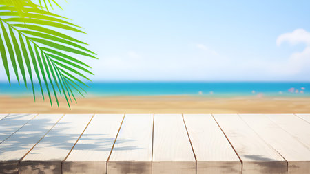 Wood table top on blur beach background - can be used for display or montage your productsの素材