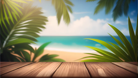 Wooden table with tropical beach and palm leaves. Blurred backgroundの素材