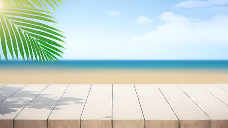 Wood table top on blur beach and blue sky background - can be used for display or montage your productsの素材