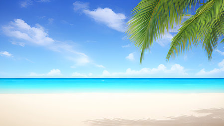 Tropical beach with palm leaves and blue sky. Vector illustration.の素材
