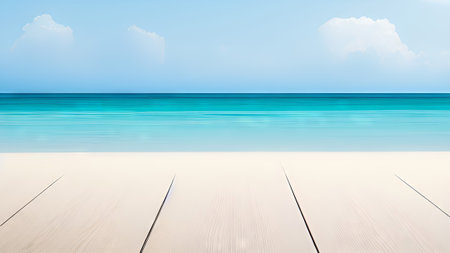 Wooden floor on tropical beach background with sea and blue sky.の素材