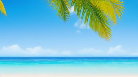 Tropical beach with coconut palm leaves. Summer holiday background.の素材
