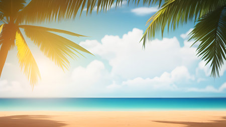 Tropical beach with palm tree and blue sky background. Summer vacation concept.の素材