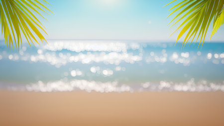 Blur tropical beach with bokeh sun light wave abstract background. Copy space of summer vacation and business travel concept. Vintage tone filter effect color style.の素材