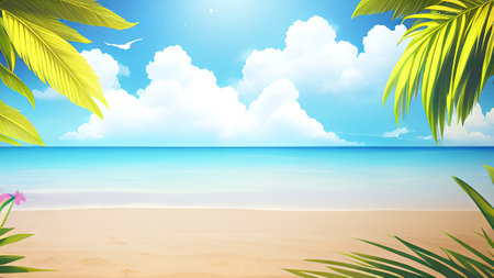 Tropical beach with palm leaves and blue sky. Vector illustration.の素材