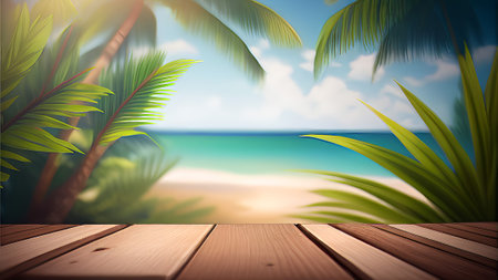 Wooden table with tropical beach and palm leaves. Vector illustration.の素材