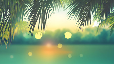 Tropical palm leaves and sun light bokeh abstract backgroundの素材