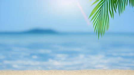 Blur tropical beach with bokeh sun light wave abstract background.の素材