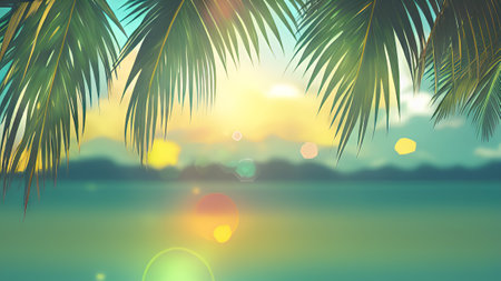 Palm leaves on beach with sunset. Summer background. Vector illustration.の素材