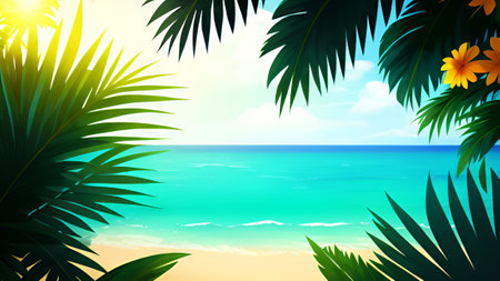 Tropical beach with palm leaves and flowers. Vector illustration.の素材