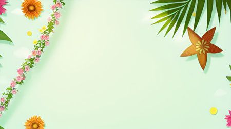 Summer background with tropical leaves and flowers. Vector illustration. EPS10の素材