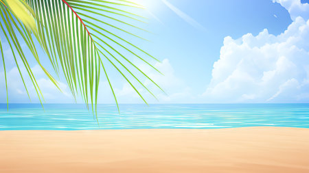 Tropical beach with palm leaves and blue sky. Vector illustration.の素材