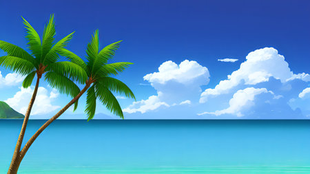 Tropical beach with palm trees and blue sky. Vector illustration.の素材