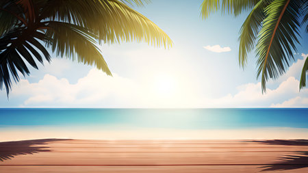 Wooden table top on tropical beach with palm trees and sea backgroundの素材