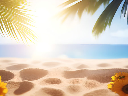 Sunny sandy beach with palm trees and flowers. Summer vacation conceptの素材