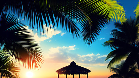 Silhouette of palm tree with umbrella and chair on sunset sky backgroundの素材