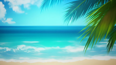 Tropical beach with palm leaves and sea. Vector illustration.の素材