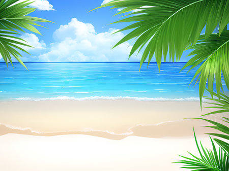 Tropical beach with palm leaves. EPS 10 vector file includedの素材