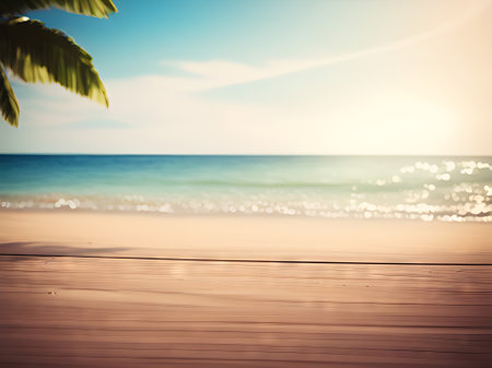 Blur tropical beach with bokeh sun light wave abstract background. Vintage tone filter effect color style.の素材