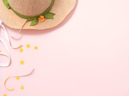 Summer straw hat and flowers on pink background. Flat lay, top view.の素材