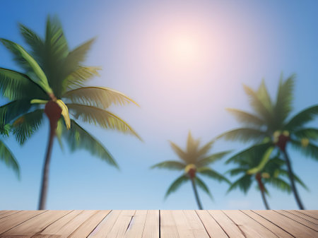 Palm trees and wooden floor on blue sky background. Summer conceptの素材