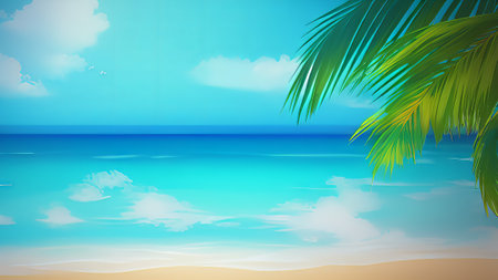 Tropical beach with palm leaves and blue sky. Vector illustration.の素材
