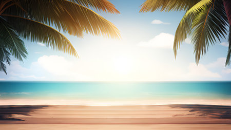 Wooden table and tropical beach background. Summer vacation and travel conceptの素材