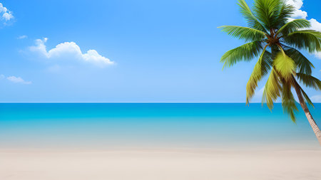 Tropical beach with palm trees and blue sky. Vector illustration.の素材