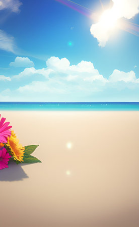 Summer background with flowers on the sand and sun. Vector illustration.の素材