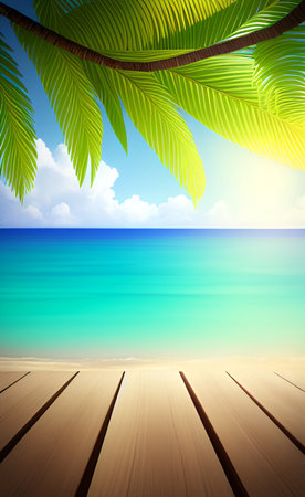 Tropical beach with palm tree and wooden deck. Vector illustration.の素材