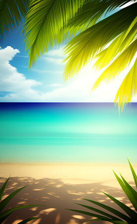 tropical beach with palm leaves and blue sky, vector illustration.の素材