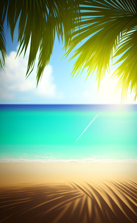 Tropical beach with palm leaves and sun. Vector illustration.の素材