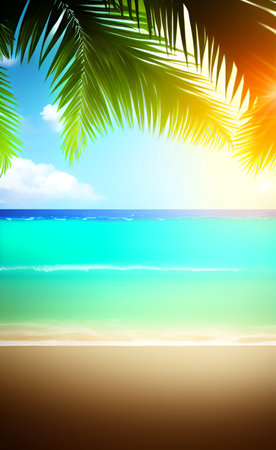Tropical beach with palm leaves and sun. Vector background.の素材