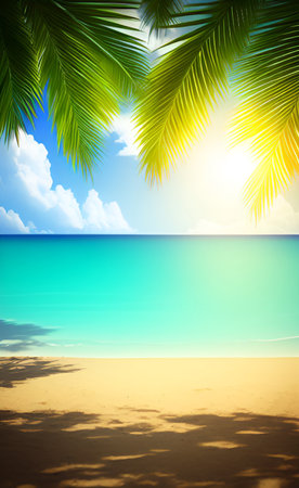 Tropical beach with palm leaves and sun on sky background.の素材