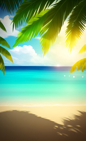 Tropical beach with palm leaves and sea. Vector illustration.の素材