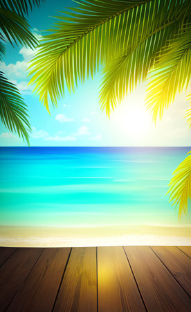 Wooden deck and palm leaves on the beach background. Vector illustration.の素材
