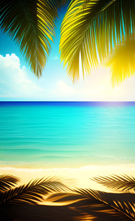 Tropical beach with palm leaves and sun. Seascape backgroundの素材
