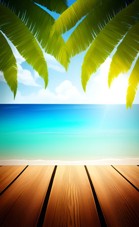 tropical beach with palm leaves and wood floor, vector illustration.の素材